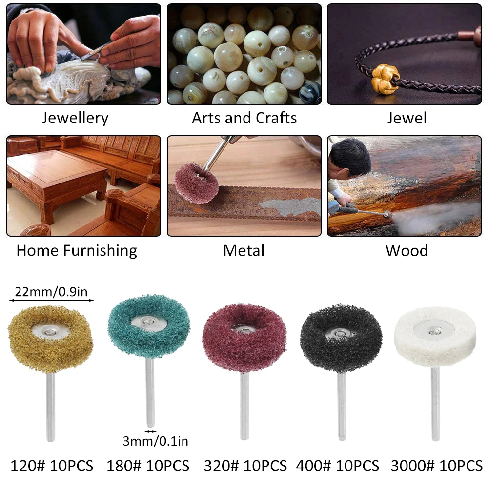 50 Buah Bantalan Penggosok Sikat Abrasif Bor Mini Roda Pemoles Pengilap dengan Kepala Pengilap Batang 3Mm Aksesori Alat Putar