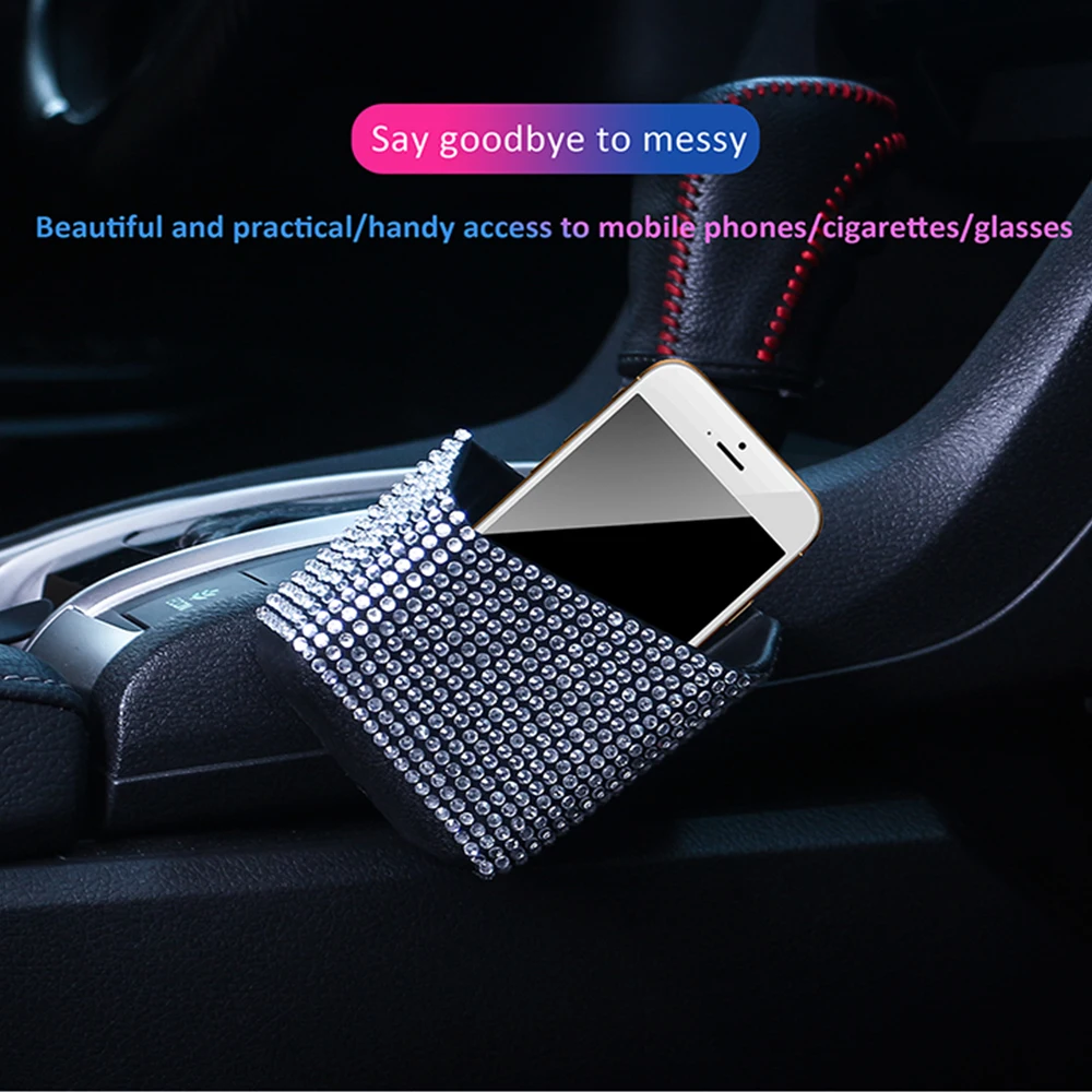 New Luxury Crystal Car Storage Bag Hanging Glasses Phone Holder Storage Organizer Decor Bling Car Accessories Interior for Woman