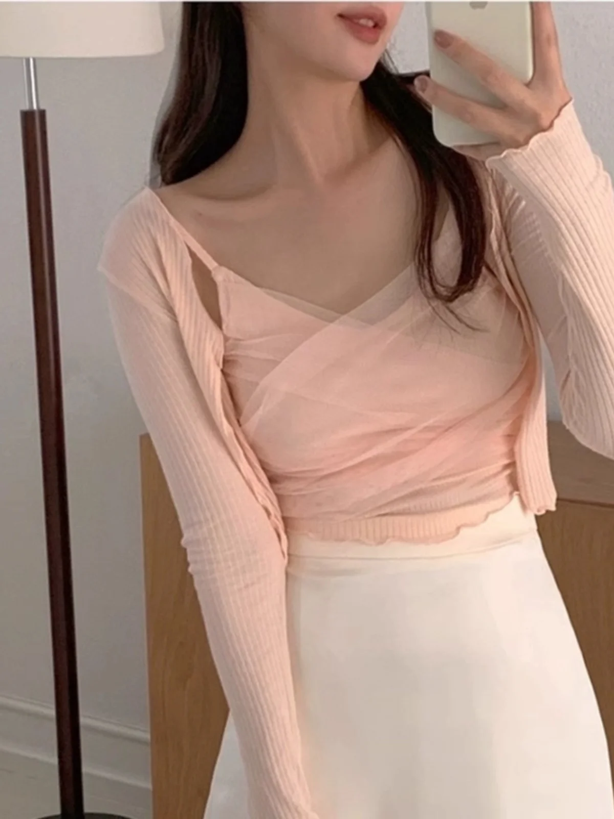 

Романтический жилет Aosphere Me Splice Long Sve, приталенный вязаный кардиган, комплект из двух предметов, женский весенний комплект из смеси хлопка Faion