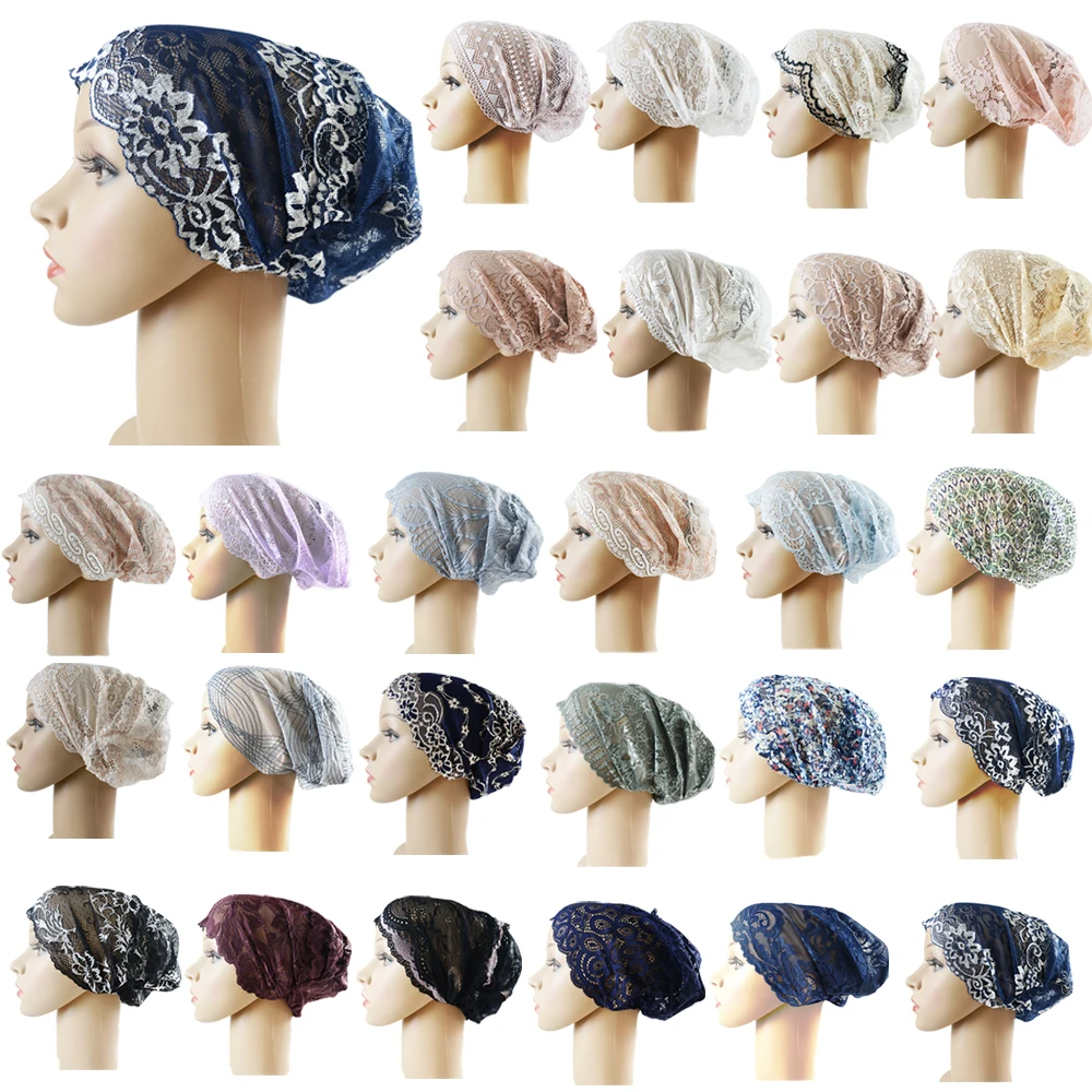 Ramadan Lace Florals Soft Breathable Stretchable Hijab Caps Fashion Muslim Women Inner Turban Hats Islamic Under scarf Headwear