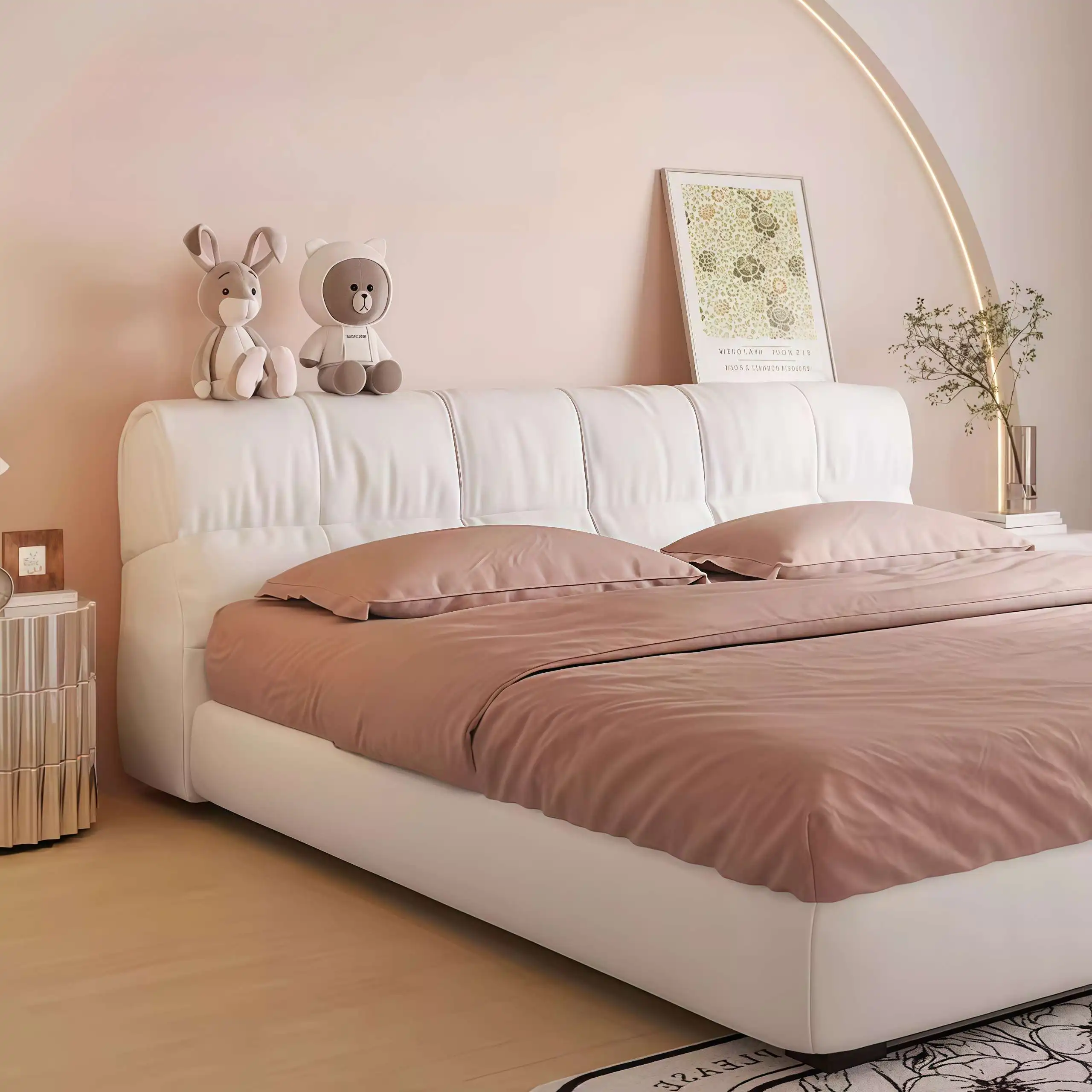 #Plaid Leather Bed Modern Minimalist Wood Frame Cloud Soft Bag Double Floor Bed Solid Wood Master Bedroom Bed - view 2