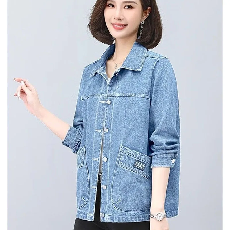 봄 가을 여성 긴팔 카우보이 탑 재킷 레트로 여성 패션 캐주얼 데님 아우터웨어 여성용 큰 사이즈 4XL 루즈핏 청자켓