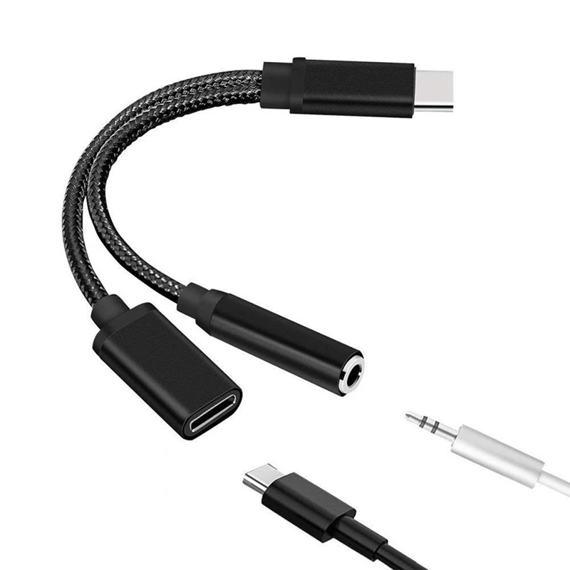 Type C to 3.5mm Charge Audio Adapter 2 in 1 USB C Splitter Headphone AUX Audio Cable for Smartphone Splitter-DTD2