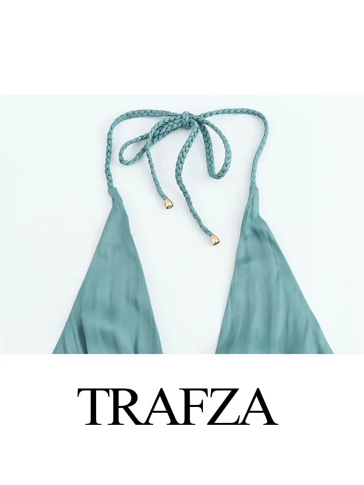 TRAFZA-Robe Longue Plissée Verte pour Femme, Vêtement à la Mode, Décorer, Dos aux, Col Rond, Style Plage, Été