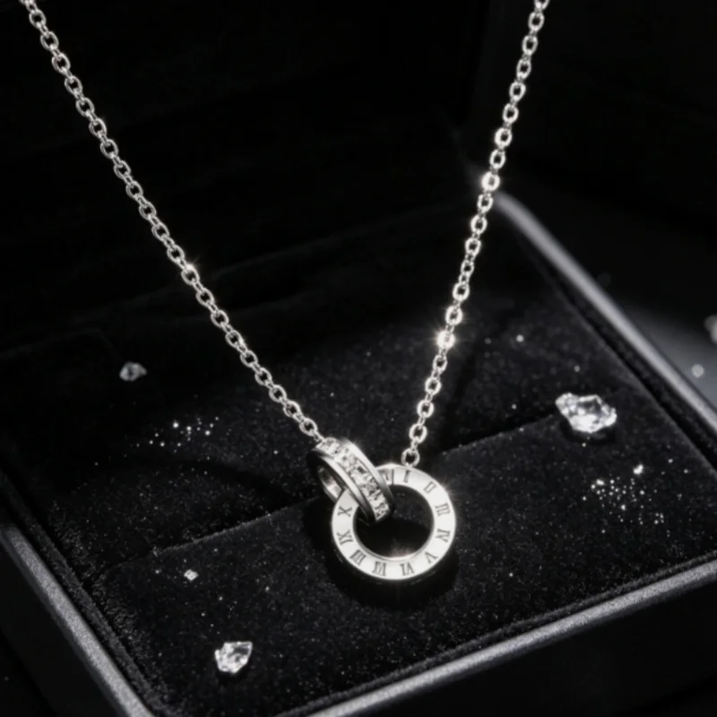 2026 Elegant Crystal Circle Choker Necklace Fashion Roman Digital Design Stainless Steel Pendant Jewelry Gold & Silver Color