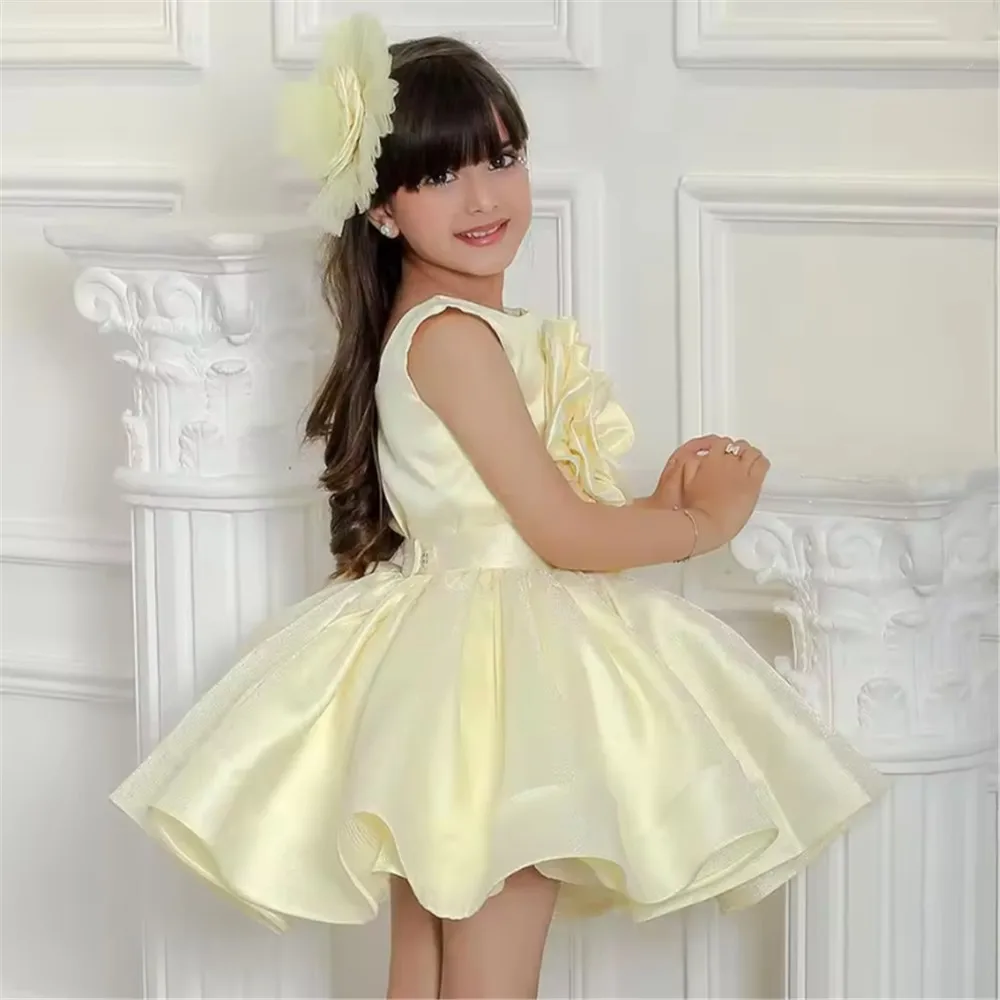 

Cute Flower Girl Dress for Wedding Sleeveless Big Flower Knee Length Baby Birthday Party Formal Wear Kids First Communion Gowns
