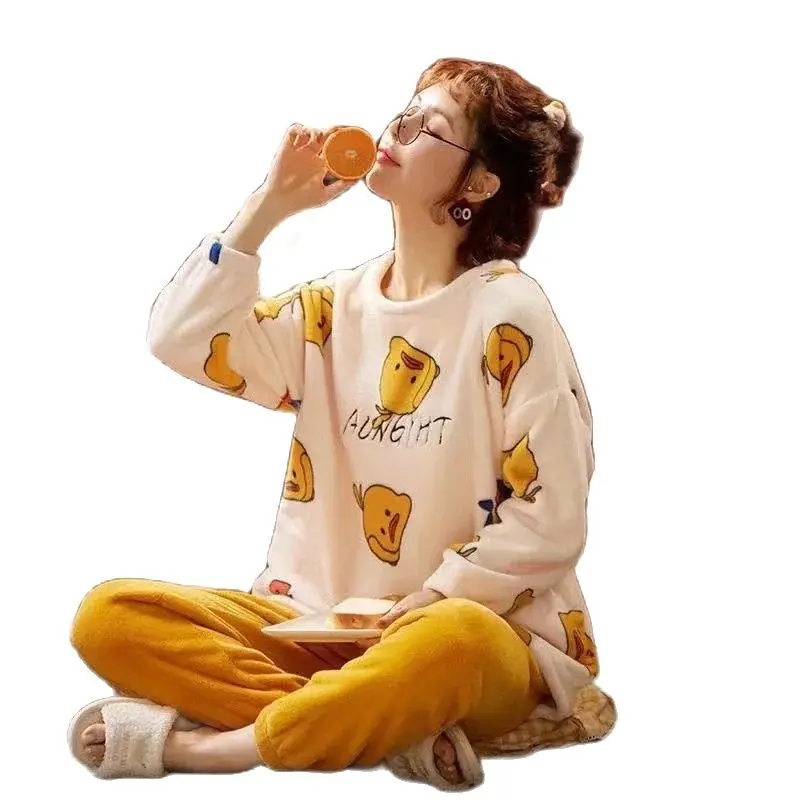 Yellow Purple Light Green Bear Duck Pattern Flannel Pajamas Women\'S Warm Woolen Cartoon Casual Home Pants In Autumn Winter