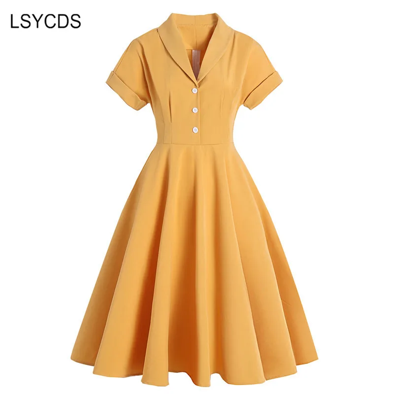 LSYCDS Yellow Retro Elegant A-line Women Dress Vintage Dresses V Neck Short Sleeve Casual Party Big Swing 50s 60s Pinup Dress