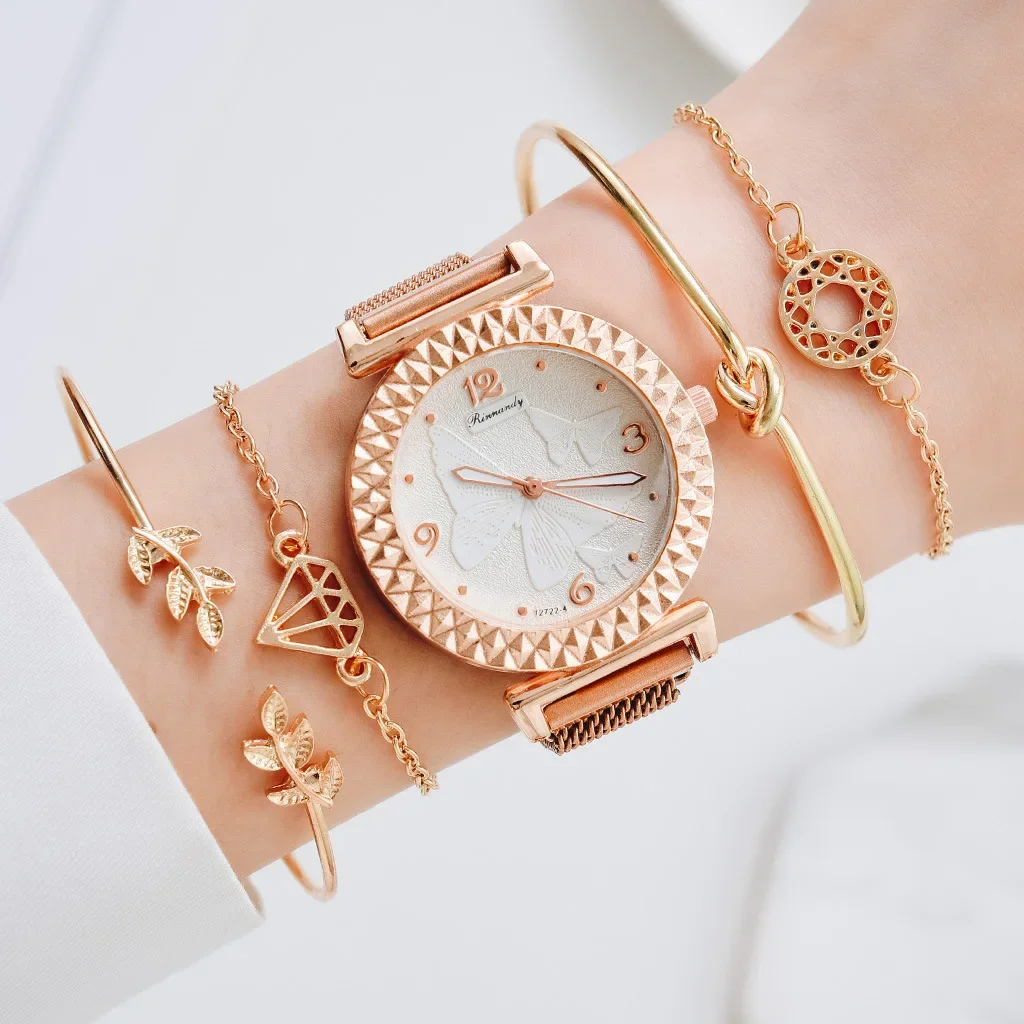 5pcs Luxury Bracelet Watch Set Women Elegant Magnet Diamond Ladies Quartz Wrist Watch Dress Pink Clock Reloj Mujer image 4