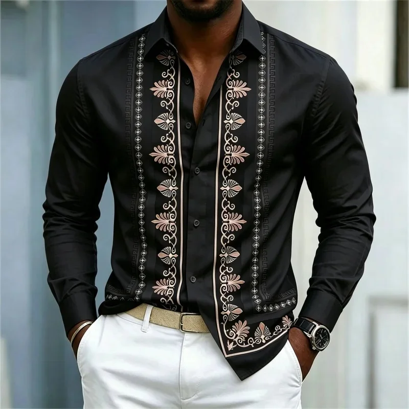 new men's shirt with vertical floral print long sleeved shirt, daily versatile white collar shirt, slimming casual top