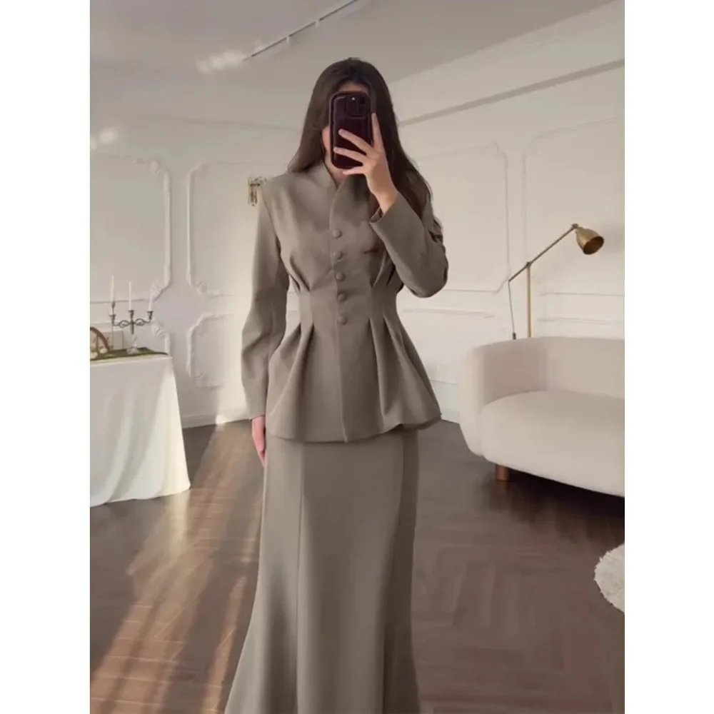 Elegant Office Lady Spring 2025 Women Two Piece Skirt Sets Trumpet Slim Fit Solid Full Sleeve V Neck Tight Waist Button Coats