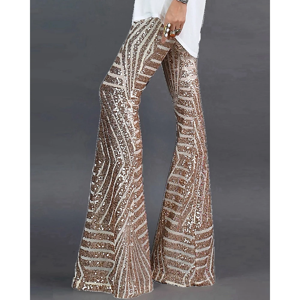 

Spring Women Striped Glitter Sequined Design Flared Pants Female Skinny High Waist Long Trousers Streetwear Club y2k Streetwear