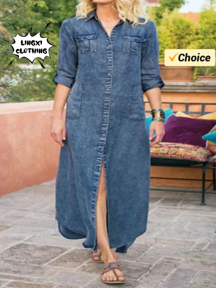 

Spring/Summer Women's Dress Fashionable Single breasted Robe Elegant and Elegant Street Style Retro Women's Denim Long Dress