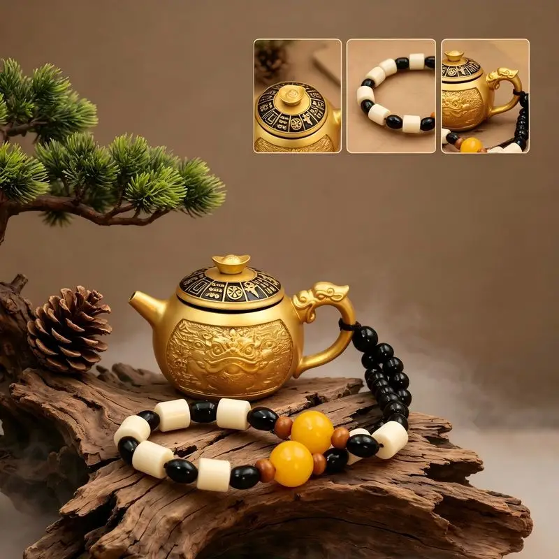 Relief Gold Toad And Pixiu Figurine, A Small Teapot That Can Be Rotated, A Handheld Ingot-Shaped Object, A Rotating Mahjong Tile