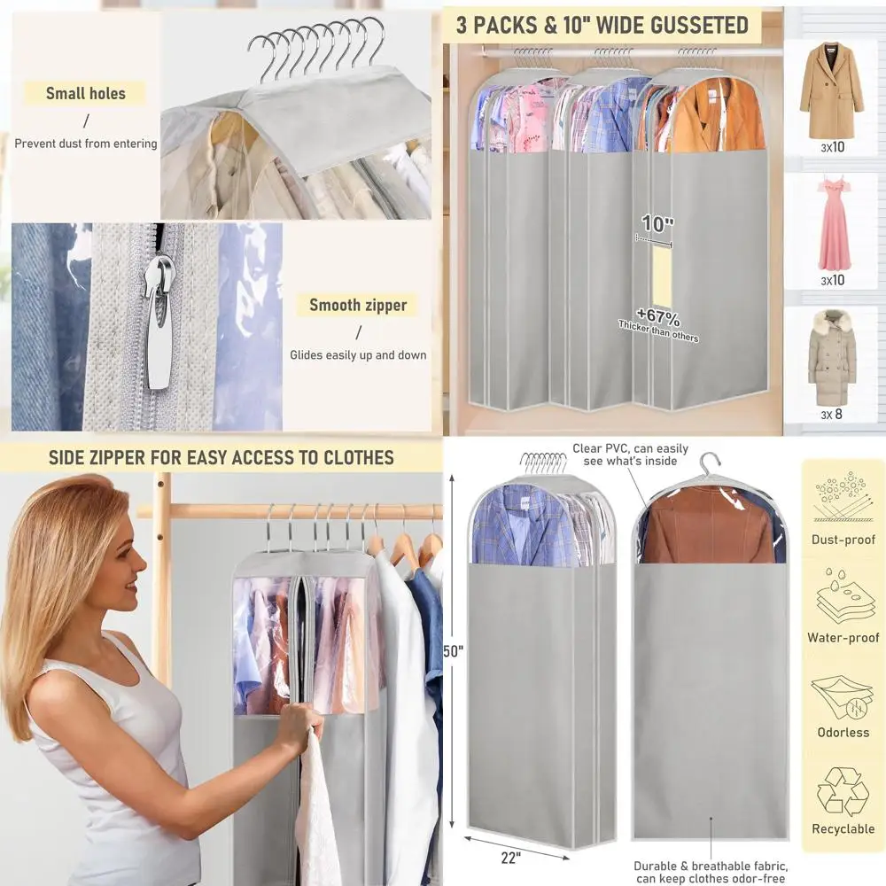 

3-Pack 50 Long Gusseted Dress Bags for Hanging Clothes - Grey Suit & Coat Covers for Closet Storage