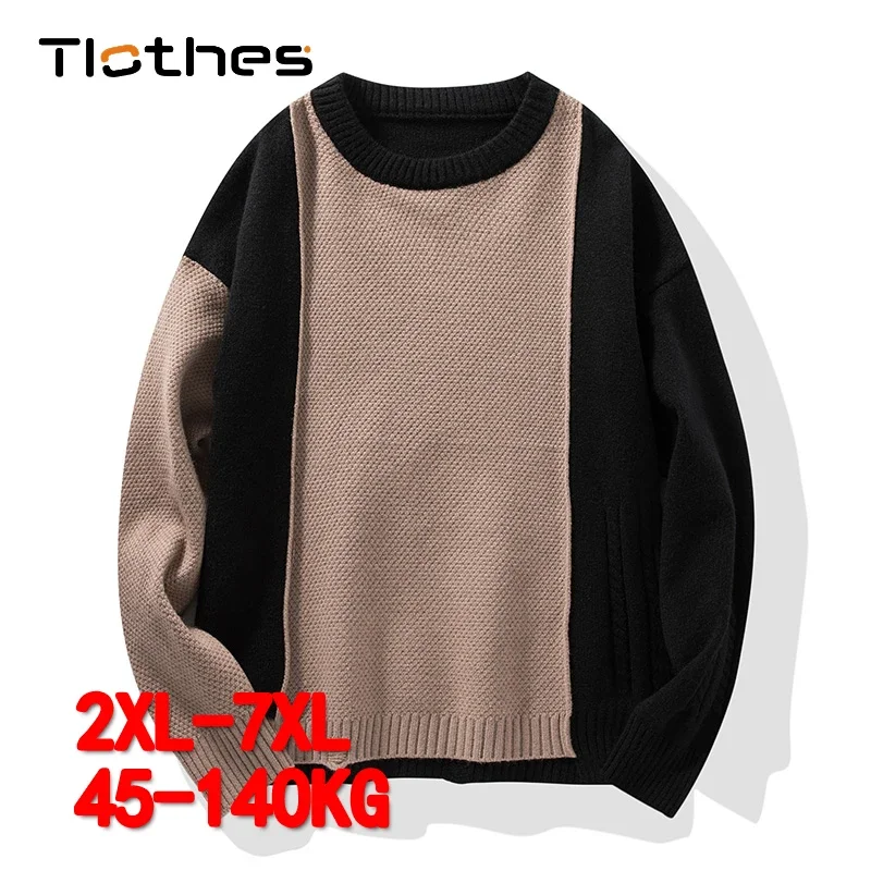 Fashion Patchwork Knitted Sweater Mens Crewneck Sweater Lazy Heavyweight Sweater Men Oversized Plus Size 6XL 7XL