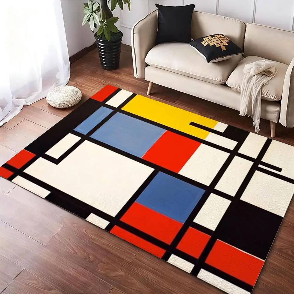 Alfombra con estampado geométrico abstracto Mondrian, alfombras de franela, alfombra suave para el suelo del invierno, alfombra gruesa antideslizante para la puerta del hogar de la sala de estar