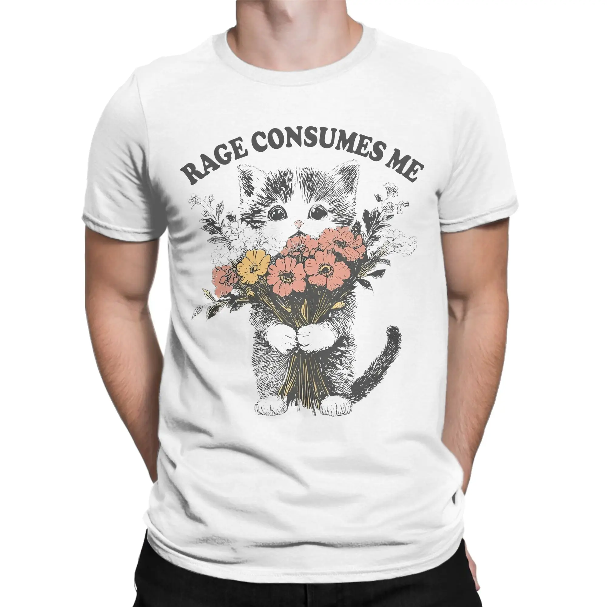 Rage Consumes Me Cat Flower Cute Kitty Cat Meme  T-Shirt Men Vintage Pure Cotton Tees O Neck Short Sleeve T Shirt Summer Tops