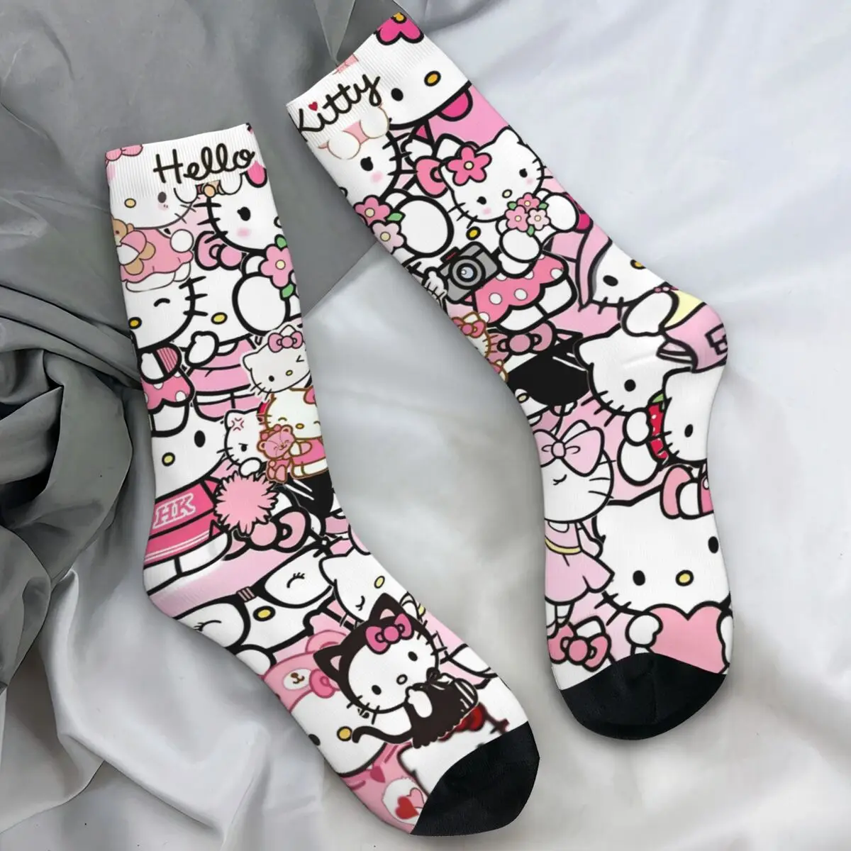 الوردي مرحبا كيتي Kawaii شخصية كرتونية جوارب تصميم الجوارب الموضة الخريف المضادة للانزلاق الجوارب الكبار الرجال الدراجات جوارب ناعمة #1