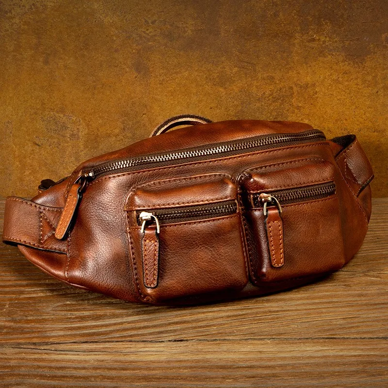 Bolsa de peito de couro genuíno pintada à mão, bolsa crossbody casual, bolsa de ombro de couro de grão superior, bolsa masculina, bolsa de ciclismo retrô
