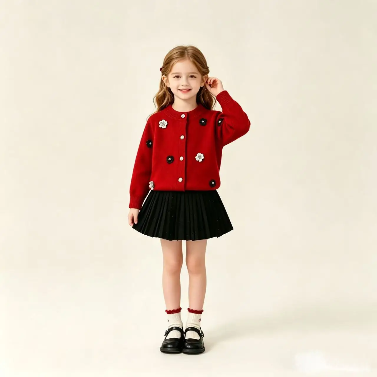 Girls' 2026 Autumn/Winter New Korean Version Baby Girl Pearl Flower Knitted Cardigan Shining Half Skirt Two Piece Set