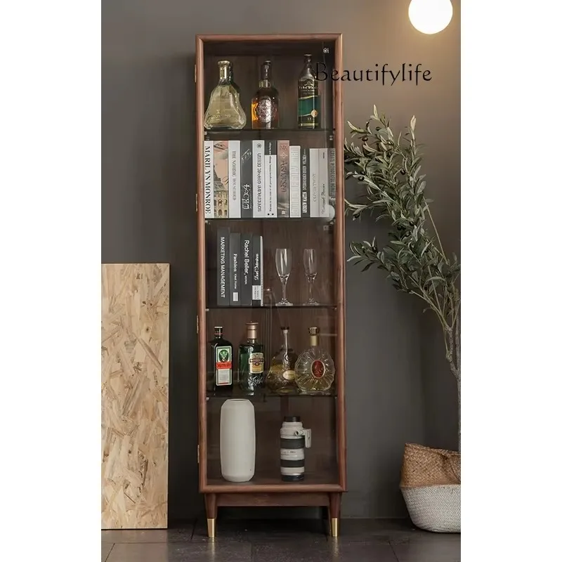 A Walnut Nordic Solid Wood Bookcase With Glass Door Dust Display Case Storage Stylish And Simple