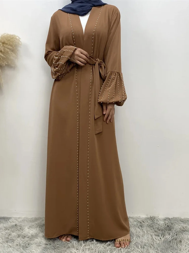 Eid Abaya for Women Muslim Dress Beading Lantern Sleeve Dubai Ramadan Cardigan Pearls Abayas Jalabiya Belt Kaftan Robe Arab 2024