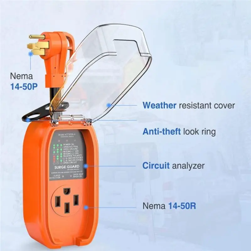 A48P-NEMA 14-50P 50A US Plug For RV Surge Protector For Travel Trailer With Waterproof Cover AC125V/250V