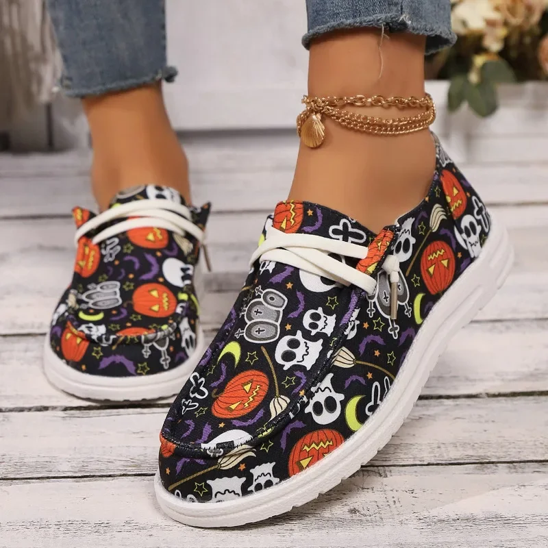 

2024 Shoes Women's Pumpkin Novelty Shoes Lace Up Low-Top Slip on Flat Comfy Loafers Lightweight Outdoor Halloween Shoes Designer