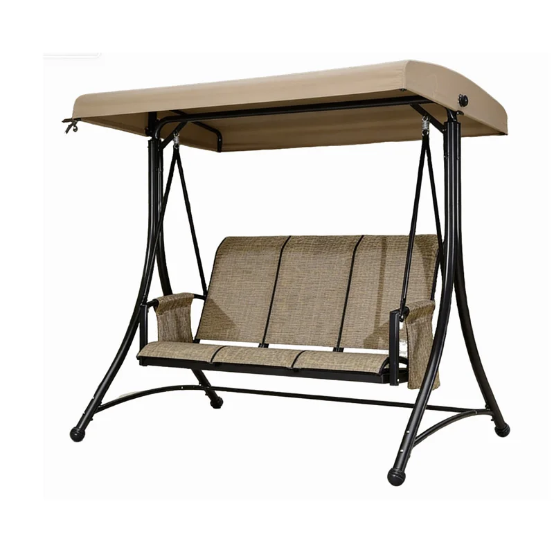 Modern Iron Outdoor Hanging Chair with Waterproof Fabric Cushion 3-Seater Patio Swing Sunshade for Courtyard & Exterior Use