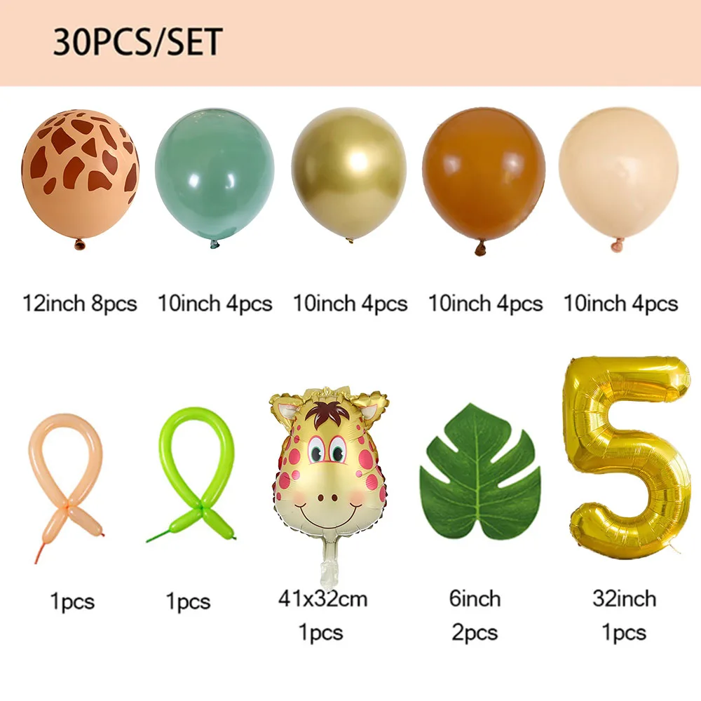 30pcs Jungle Safari Animal Number Balloons Set Kids 1 2 3 Years Birthday Party Decorations Wild One Green Latex Helium Globos