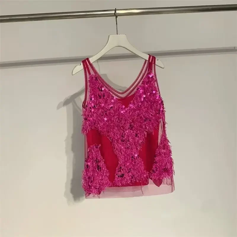 2025 Primavera Nuovo Stile Americano Chic Nicchia Sling Vest Bretella Breve Rosa Rosso Paillettes Senza Maniche Canotta Camis Ins Top
