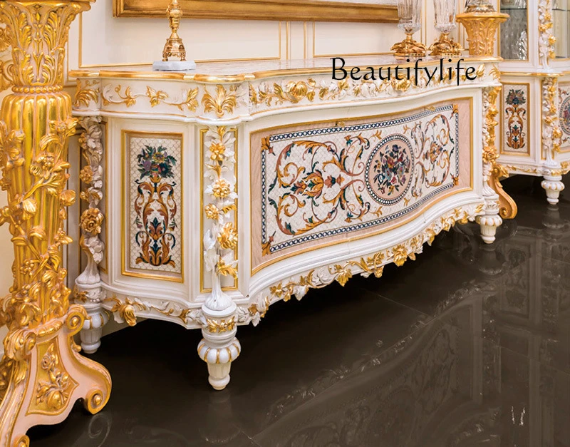 European shell parquet dining side cabinet light luxury court French solid wood carving flower restaurant storage decoration