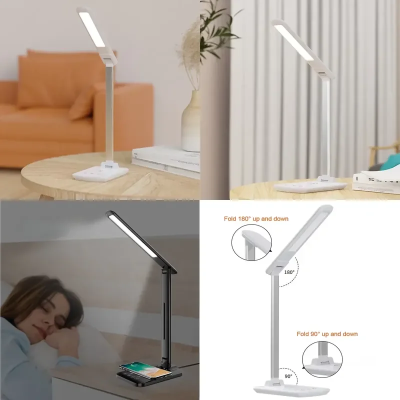 Smart Foldable LED Desk Lamp with Wireless Charger 3-Color Eye-Care Reading Light for Home Bedroom Study Office Decor Table