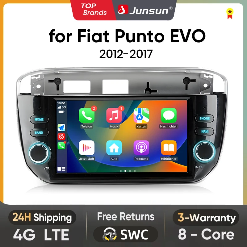 Radio Junsun de 7” con CarPlay inalámbrico y Android Auto para Fiat Linea Grande Punto evo 2012 2013 2014 2015 2016 2017 RDS 4G WiFi GPS Bluetooth, accesorio de pantalla para coche 1