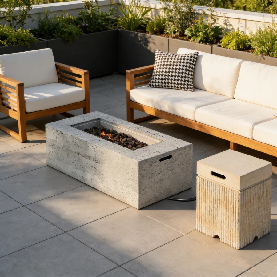 

Patio backyard propane fire pit set: stainless steel, black, 40, 000 BTU output, weather-resistant cover included