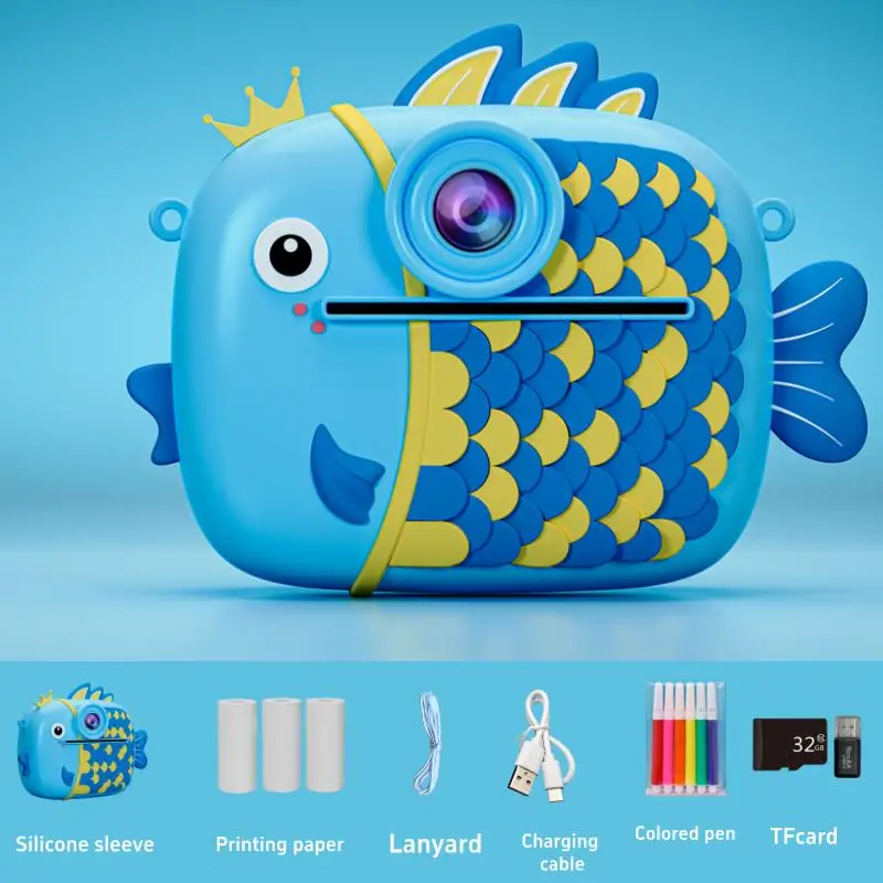 Cute Little Fish Children Polaroid Camera Toy Fun Photo / Video Printable Photos 1080P HD Dual Camera Children's Birthday Gift