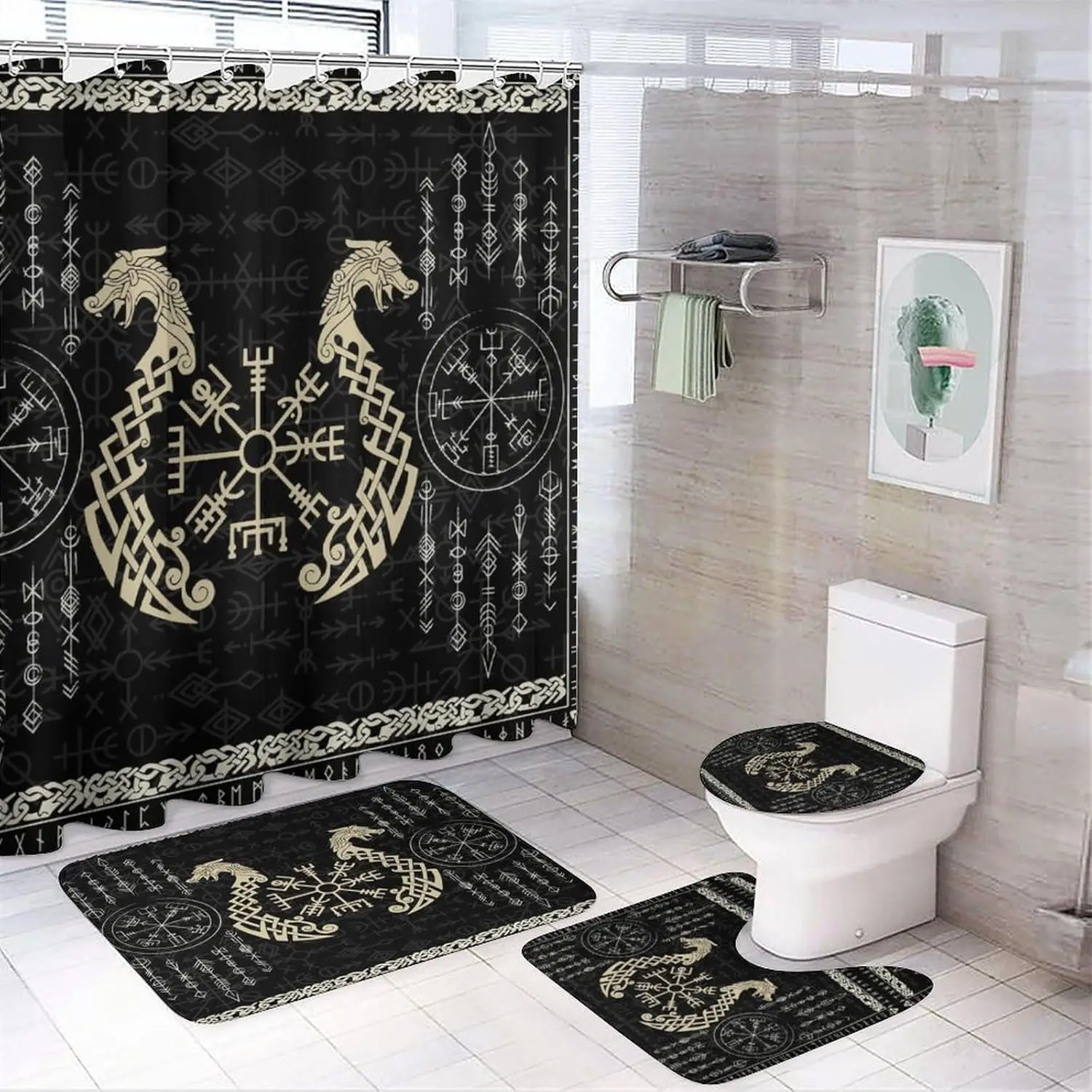 

Norse Vikings 4 Pcs Waterproof Shower Curtain Set Abstract Dragon Retro Mystical Symbol Compass with Waterproof Toilet Cover