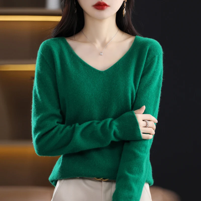 100% Pure Merino Wool Sweater Women V-neck Pullover Autumn /winter Casual Knit Tops Solid Color Regular Female Jacket Hot