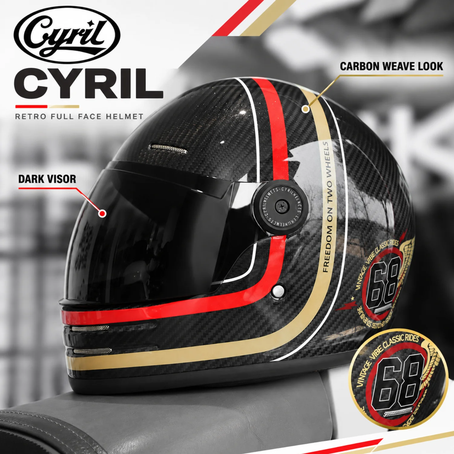 Motorcycle Helmet CYRIL Retro Full Face Carbon Fiber Look with Dark Visor Red Gold Stripes for Cruiser Riding