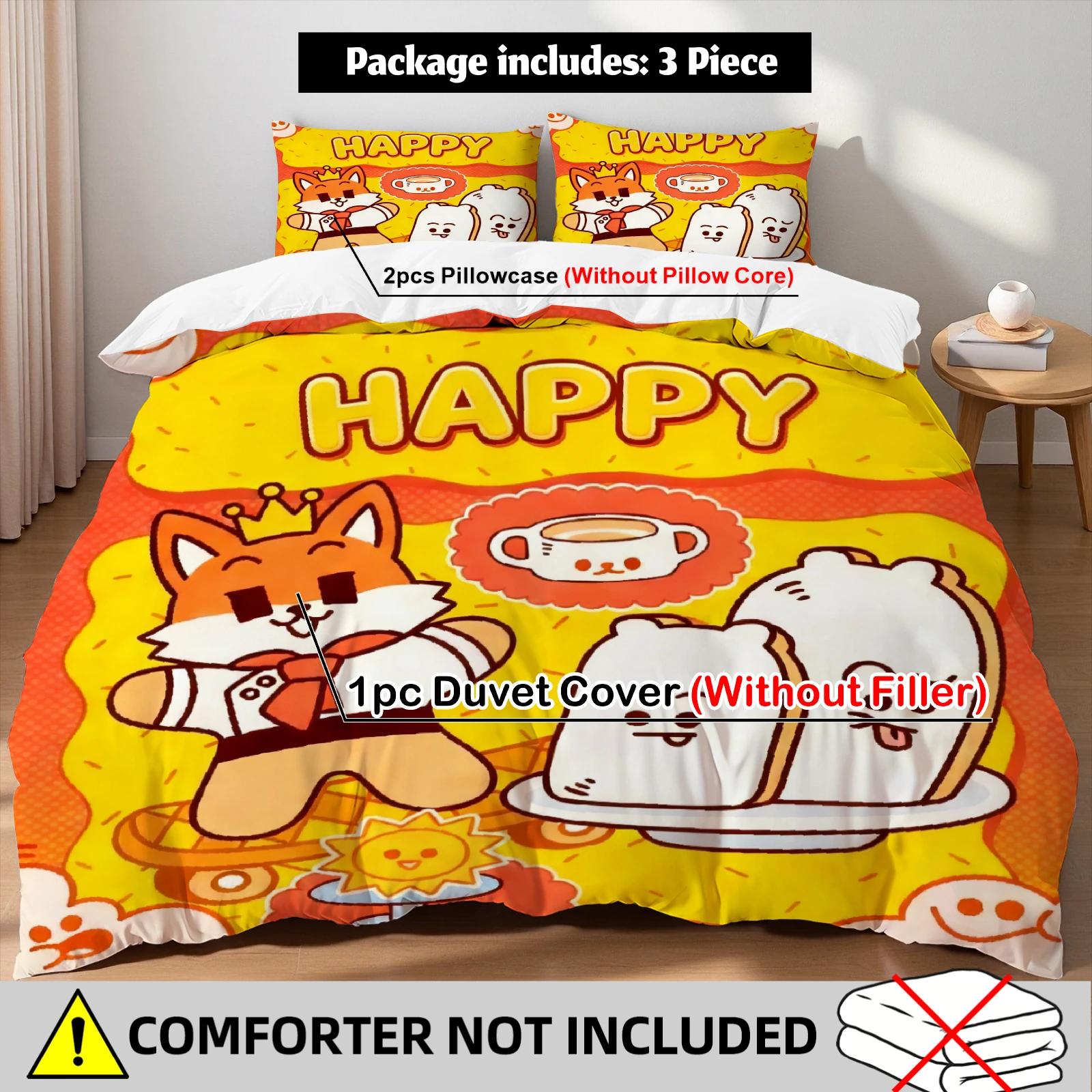 

Комплект постельного белья Kawaii Fox Toast с 2 наволочками, желто-оранжевый, с мультяшным рисунком, для детской комнаты, подарок для малышей, размеры Twin, Queen, King