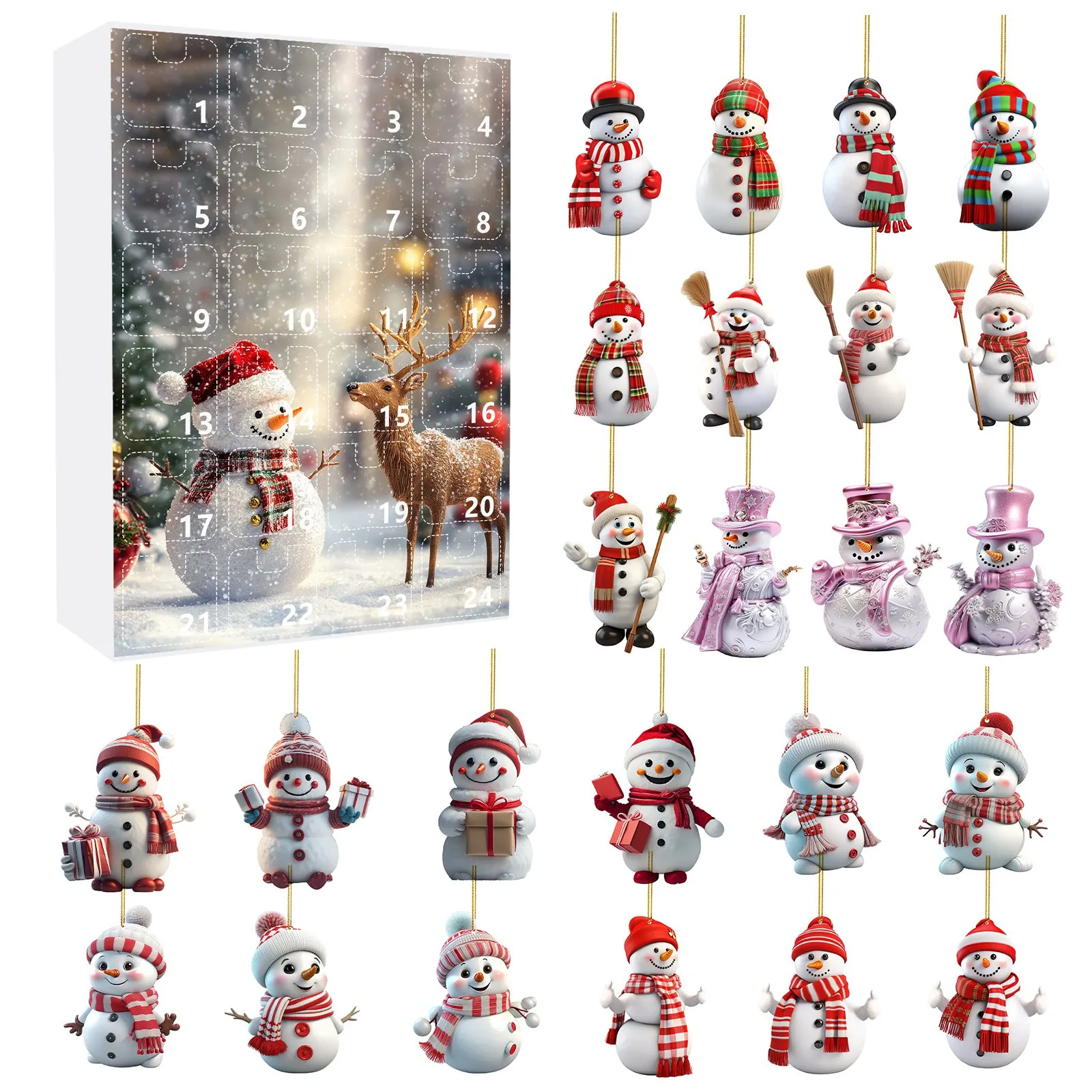 Christmas Holiday Advent 2024 Calendar Christmas Snowman Playing Baby Pendant 2D Decoration Set Holiday 3 Minute Sand Timer