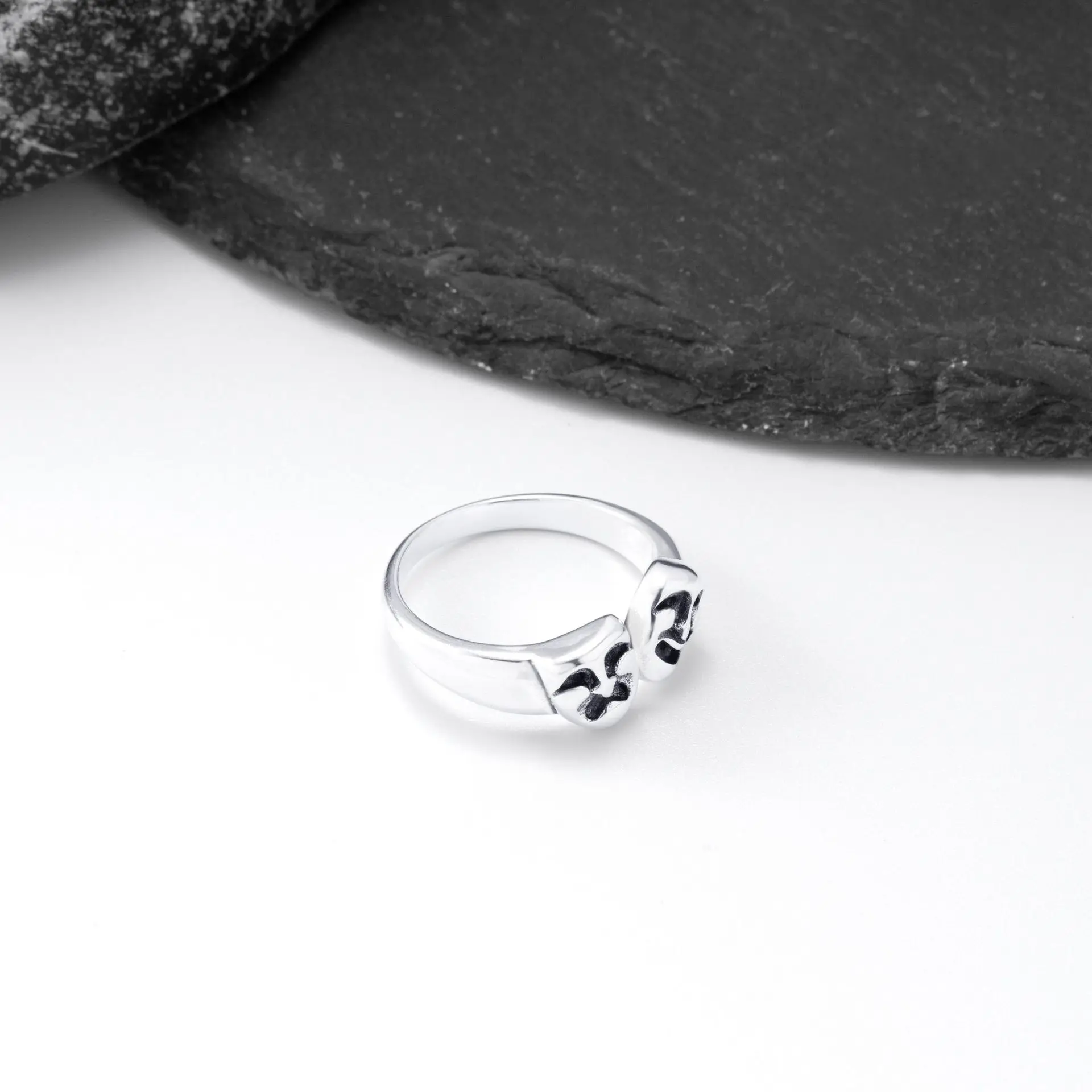 S925 Silver Drama Mask Open Ring Retro Happy Sad Face Finger Ring Vintage Adjustable Jewelry Gift for Men Women