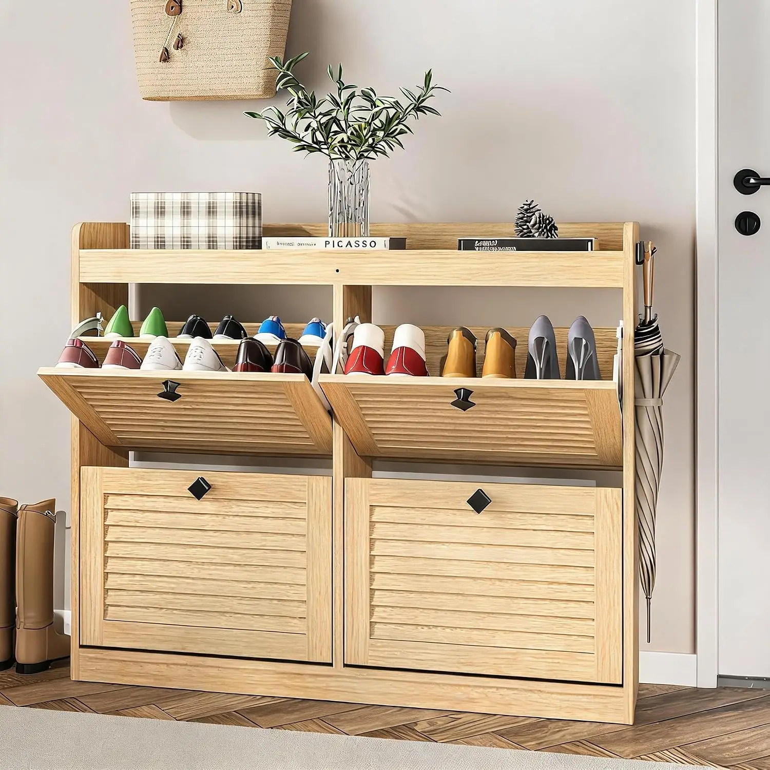 Natural Wooden Shoe Cabinet with 4 Flip Drawers, Customized