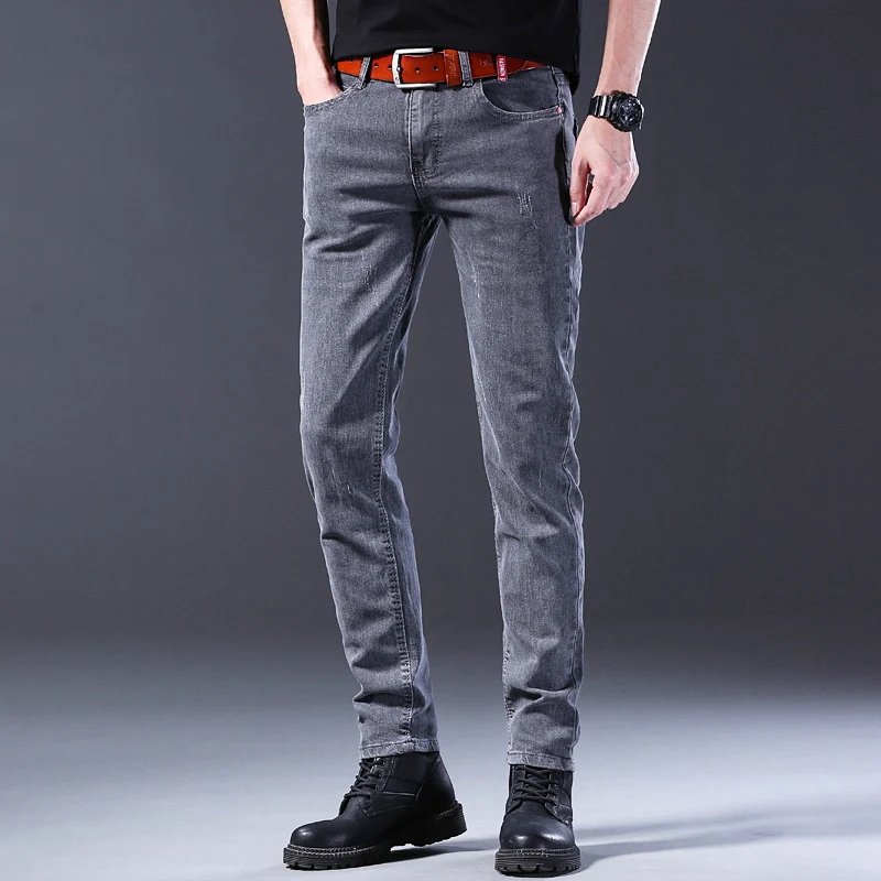 Men Comfortable Cotton Fashion European American Style Stretch Jeans Luxury Men's Denim Pants Slim Straight Grey Denim Pants