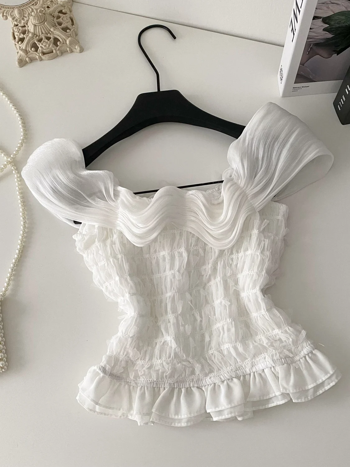 2025년 여름 여성 슬림핏 셔츠 비즈 꽃 디자인 한국 스타일 출퇴근용 폴리에스터 섬유 피부 친화적 통기성