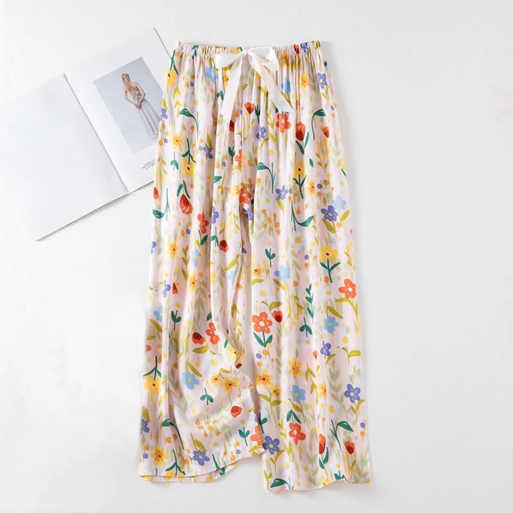 2022 hause Hosen Frauen Frühling Sommer Dünne Schlaf Hosen Floral Gedruckt Pyjama Hosen Breites Bein Lose Plus Größe Kalb-länge Böden