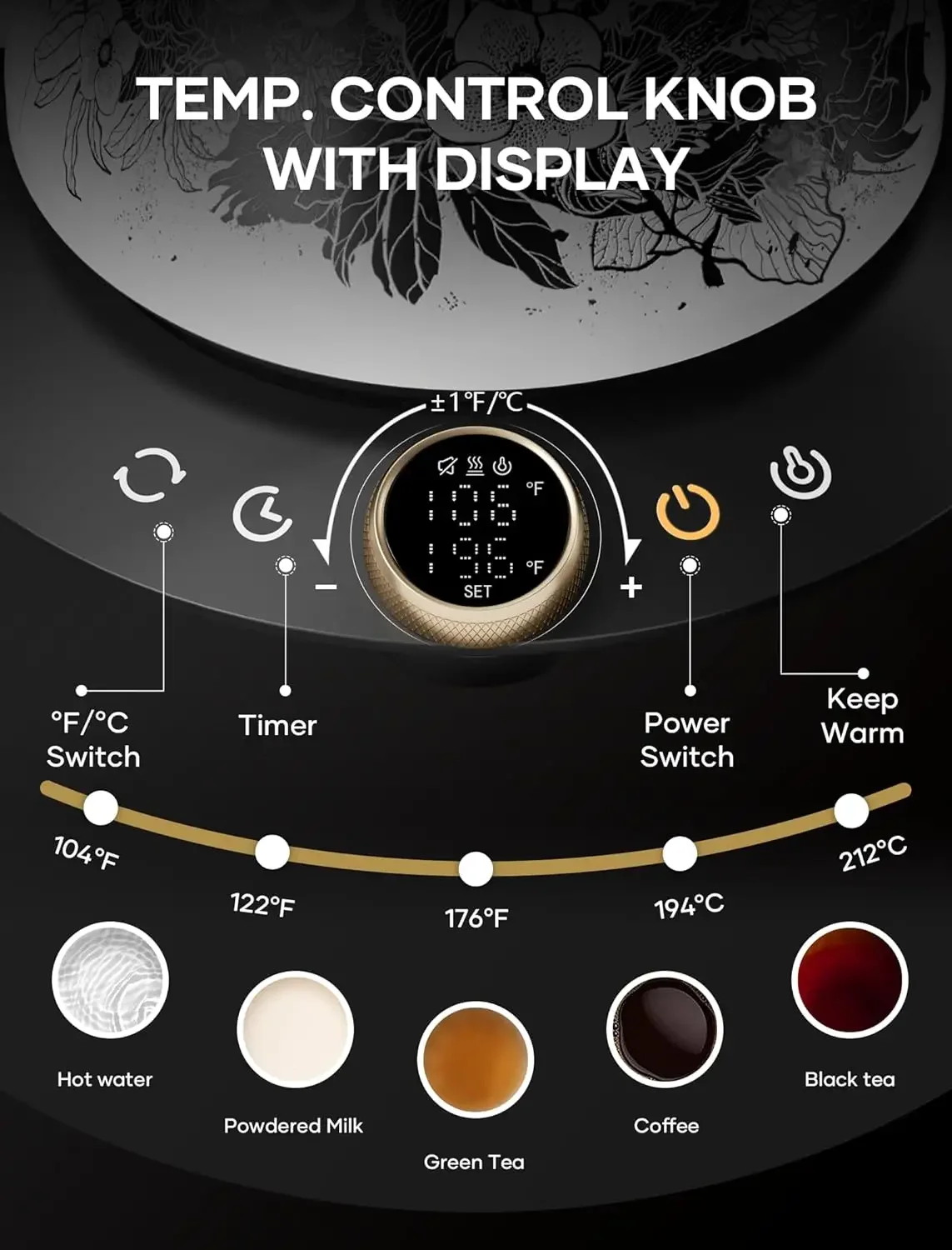 غلاية كهربائية معقوفة مع تحكم في درجة الحرارة، صب فوق القهوة والشاي، 1200 وات لزمن الغليان السريع 180 ثانية، 600 جرام خفيف للغاية،