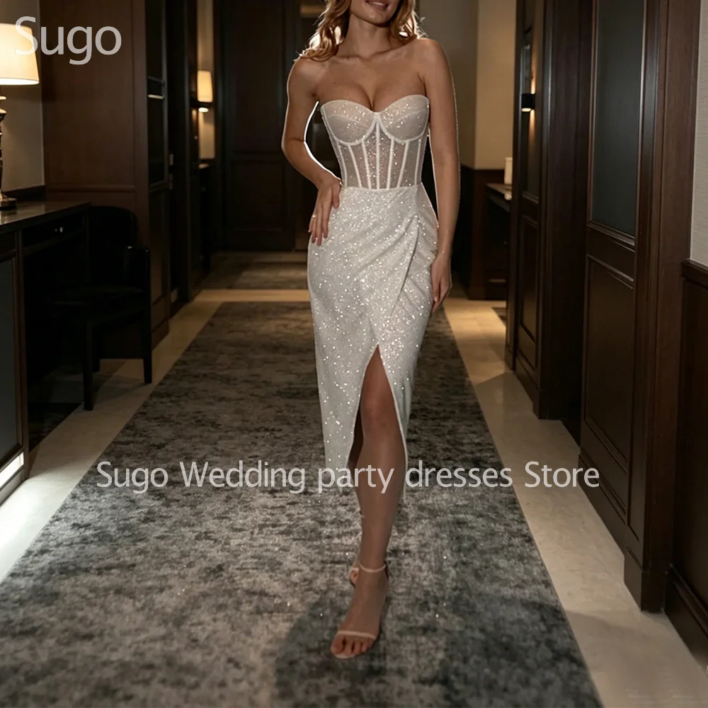 Customized New In Sparkle Midi Wedding Dresses Sleeveless Tea-Length Mermaid Brides Dress Women Vestidos De Novias Gowns 2026