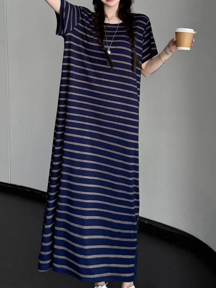 Summer Oversize Striped T Shirt Dress  Women Versatile Slimming Crew Neck Slit Hem Smart Casual Ladies Dresses Vestidos